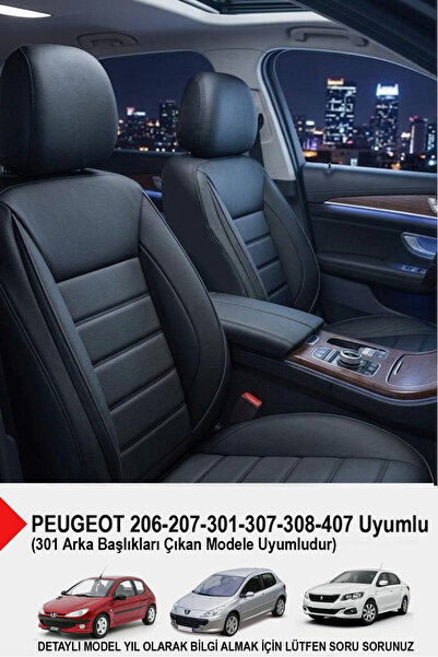 GM-DESIGN Jet Siyah Deri Oto Koltuk Kılıfı-(PEUGEOT 206-207-208-306-307-407- ...