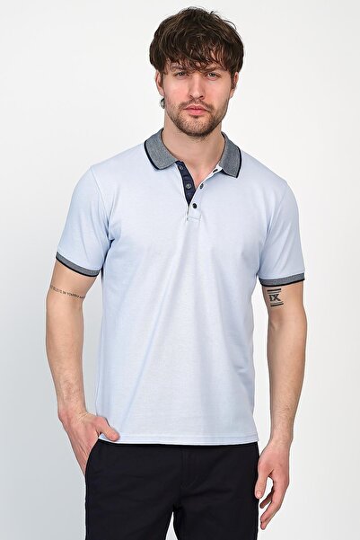 ENQUE Men's Basic Solid Short Sleeve Baby Blue Long Polo Neck T-Shirt