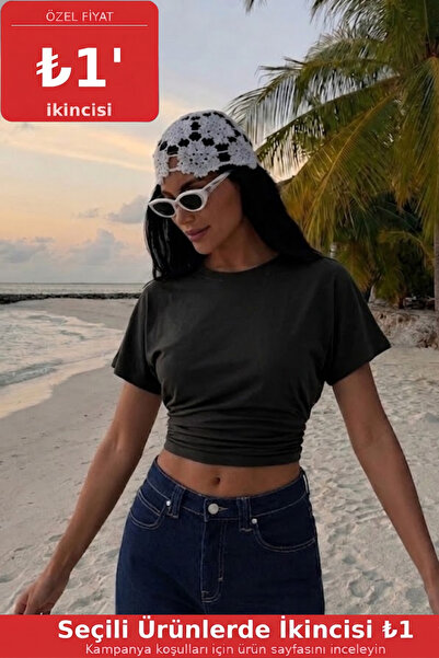 COMBİNE MİCHAİL Women's Bat Sleeve Tight Black Crop T-Shirt