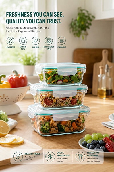 SNK Borosilicate Glass Food Storage Square Containers 3PCS Set, Airtight Leak...