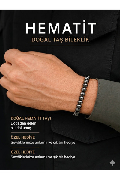 QELA COLLECTION Hematit Bileklik 8 MM Parlak Doğal Erkek Kadın Unisex Bileklik