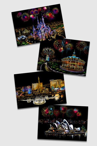 Land Of Dreams 2026 4'lü Kazıma Sanatı Seti Dream Castle Amusement Park Las Vegas Sydney 40.5x28.5 cm A3 Hediyelik Hobi