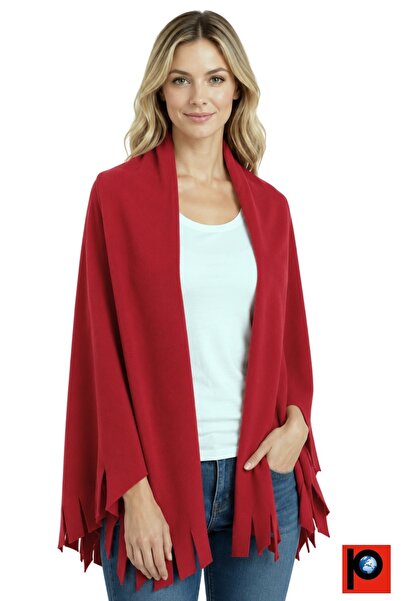 PAKER GİYİM Red Winter Tassel Detailed Fleece Shawl Shoulder Shawl