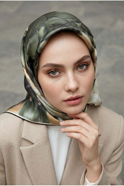 Vissona % 57 İPEK % 43 VİSKON Twill İpek Sulu Boyalı Çiçek Desenli Haki - Viz...