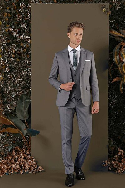 Efor Slim Fit Mono Yaka Doku Desenli Füme Yelekli Takım Elbise TK 877