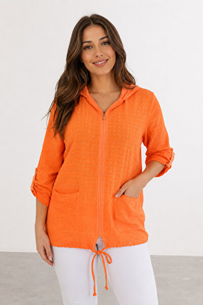 bihan store Women's Stone Detailed Hooded Zipper Shirt - Y26 1200 - Orange