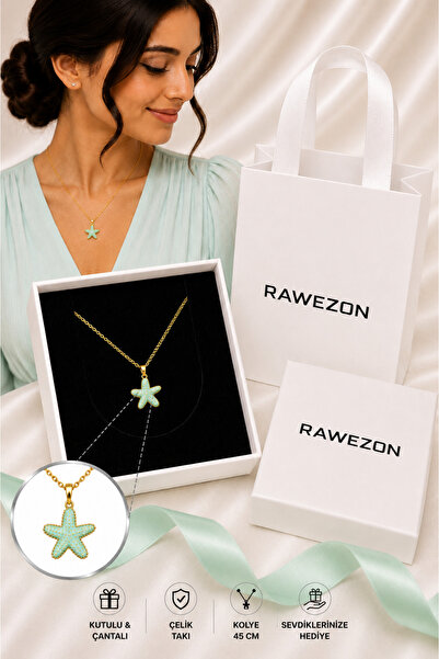 RAWEZON Gold Color Steel Mint Starfish Necklace with Box and Bag - Birthday G...