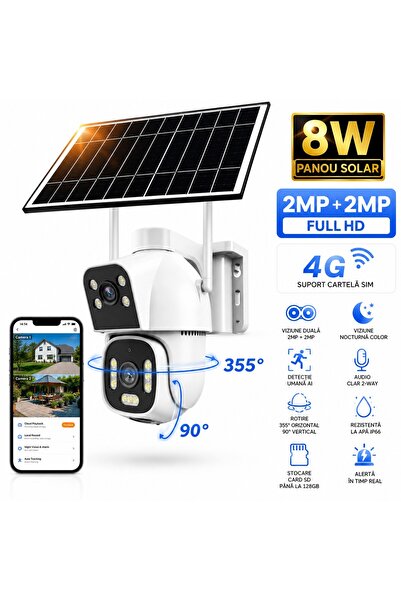 Vala Tech Cameră de supraveghere solară 4G eSIM, cu lentilă dublă 4MP (tip Bu...