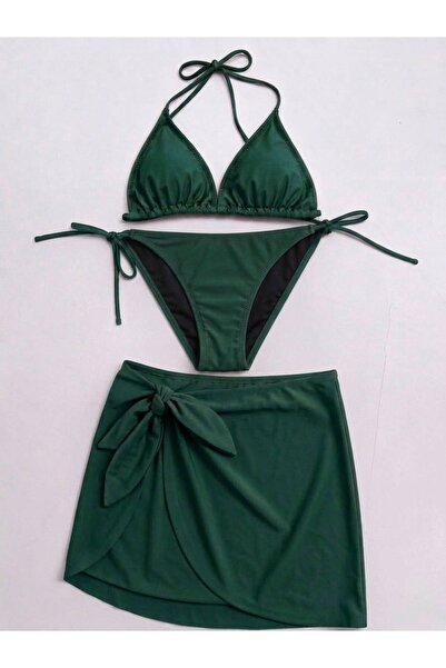 VAJESTO Women's Green 3-Piece Triangle Bikini Set with Halter Neck, Drawstrin...