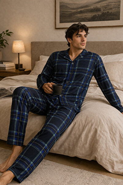 Vesperia Men's Plaid Long Sleeve Buttoned Cotton Pajama Set