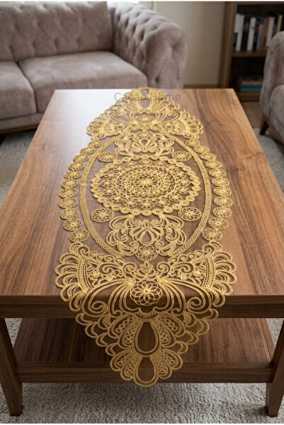 cacao home Fransız Dantelli Örme Tabanlı Tek Runner Masa Örtüsü 35x110 Cm Mas...