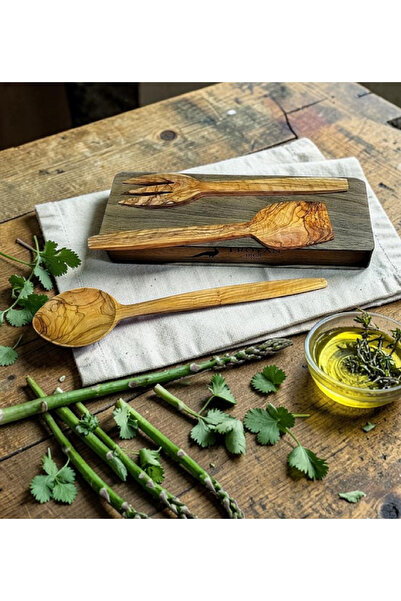 TROYAN 1868 Hediyelik Ahşap Kutuda Zeytin Ağacı Büyük Boy Çatal Kaşık Spatula...