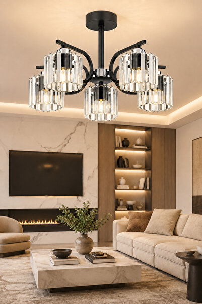 ESSLİGHT NEHİR 5’Lİ AVİZE KRİSTAL TAŞLI DEKORATİF AYDINLATMA