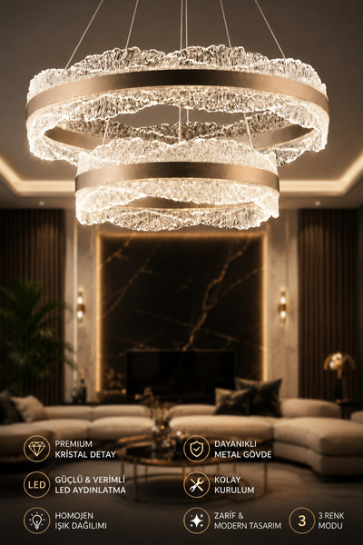 Elvora Home Modern (PREMİUM) 2'li Kristal 3 Renkli LEDli Sarkıt Avizesi Salon...