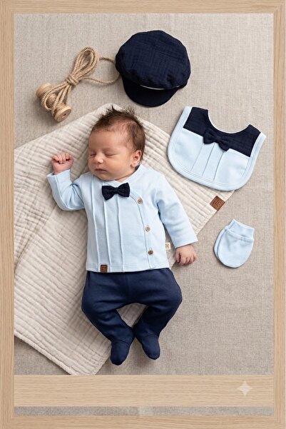 miniyou Baby Boy Ribbed Bow Tie Cap Hat Set of 5 Hospital Release Bodysuits M...