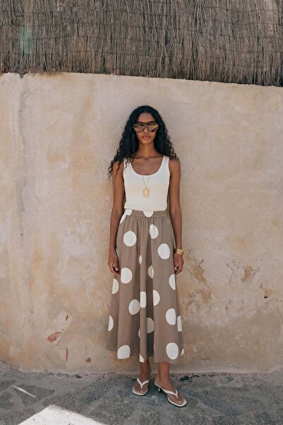 Sateen Polka Dot Patterned Poplin Skirt - Mink