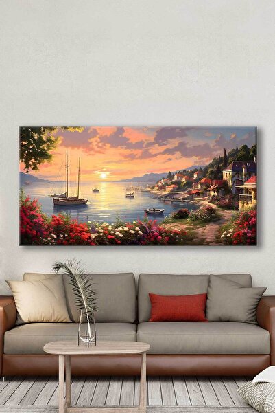 Voovart Sahil Kasabası Manzarası Dekoratif Kanvas Tablo - EC1020