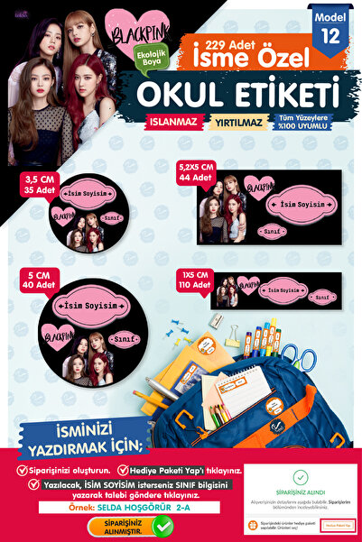 t tuğset etiket Okul Etiketi Black Pink Kalem Defter Etiketi Özel İsim Yazıla...