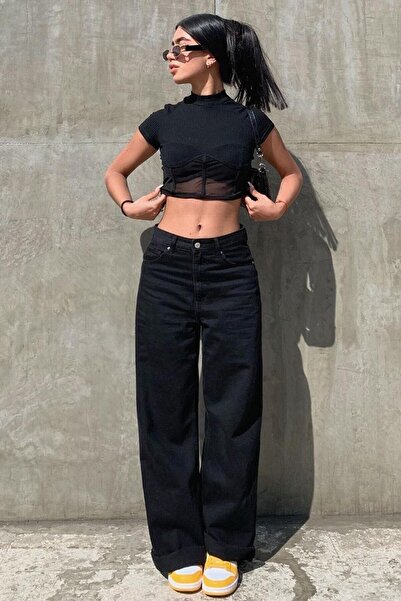LİMABEL Pantaloni din lycra negru Palazzo cu talie înaltă Blugi cu picioare l...