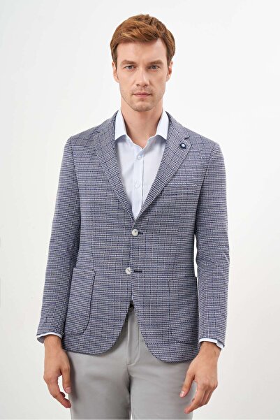 Morven Ανδρικό μπλε πλεκτό Slim Fit Τσάντα Αθλητικό μπουφάν με μονό γιακά