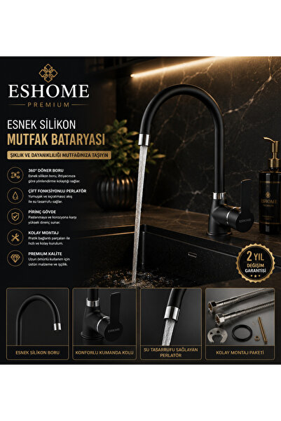 ESHOME صنبور حوض المطبخ من الكروم الأسود بتصميم أنيق