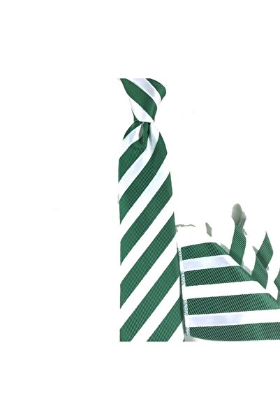 Sade Kravat Soft Yeşil Beyaz Çizgili Mendilli İnce Kravat 26694 Yeşil