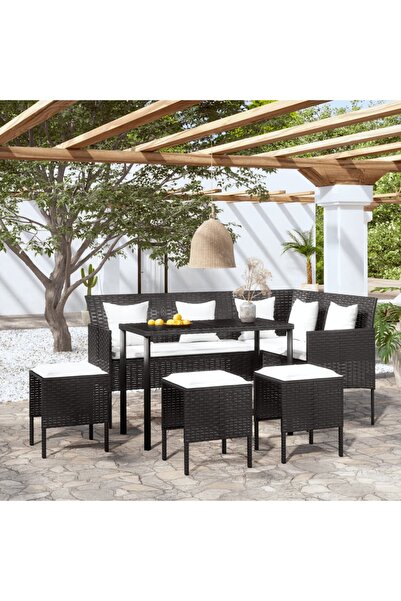 Concept Set canapele grădină forma L cu perne 5 piese negru poliratan