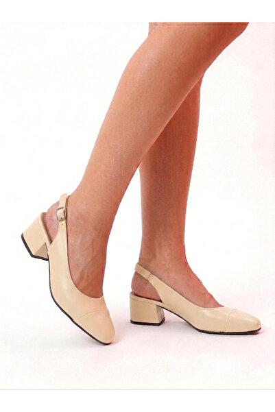 NZN Genuine Leather Beige 4 cm Heeled Square Toe Stitched Classic Sandal Shoes
