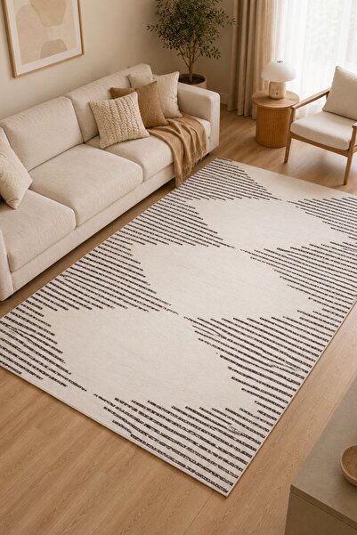 Serente Home Geometrik Desenli Yıkanabilir Kaymaz Taban Şönil Krem Kahverengi...