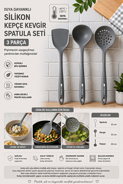 Perağ Heat Resistant Fireproof Non-Stick Ivory Ladle Spatula Colander Set 3 P...