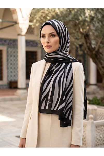 Vissona KREP KIRIŞMAZ ŞAL ZEBRA DESENLİ SİYAH - GRİ RENKLİ 75X195