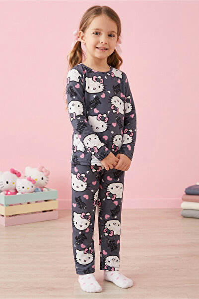 TOFİSA Set de pijamale din piele intoarsa cu imprimeu pisica afumata pentru f...