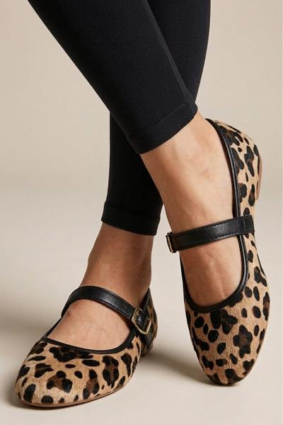TOFİSA Kadın Vizon Leopar Kemerli Babet - 28340-VIZON