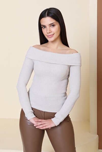 TOFİSA Bluză cu mânecă lungă și guler tip Madonna - 27897-BEJ
