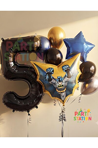 Parti Station Batman 5 Yaş Rakam Yıldız Balon Set Yarasa Adam Batman Doğum Gü...