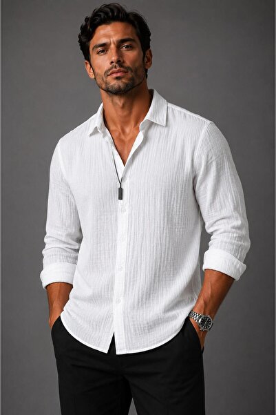 LUPERCUS Men's White Muslin Shirt with Long Sleeves 100% Cotton