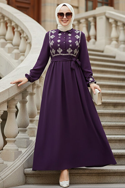 N.S NEVA STYLE Purple Hijab Dress with Pattern Detail 10317Mor