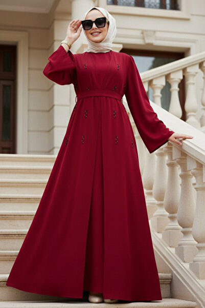 N.S NEVA STYLE Abaya Tesettür Burgundy cu aplicații din piatră 82412BR
