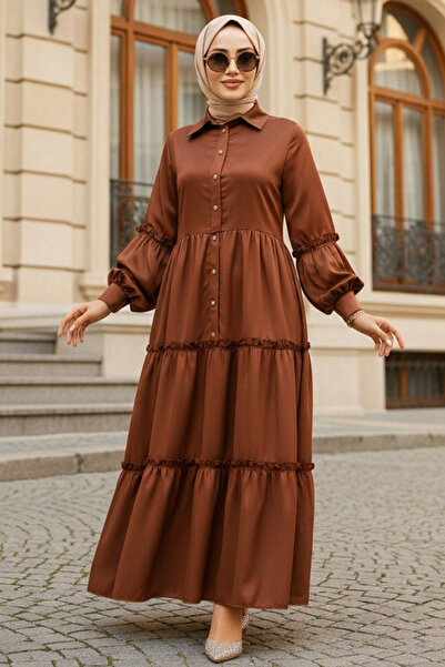 Neva Style Φόρεμα Hijab Καφέ με Πλισέ 5884KH