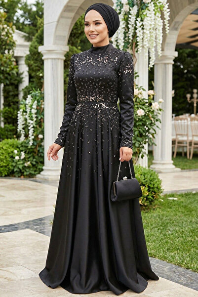 Neva Style Boncuk Detaylı Siyah Tesettür Saten Abiye Elbise 25894S