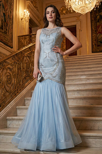 Neva Style Boncuk İşlemeli Bebek Mavisi Saten Bulava Abiye Elbise 43680BM