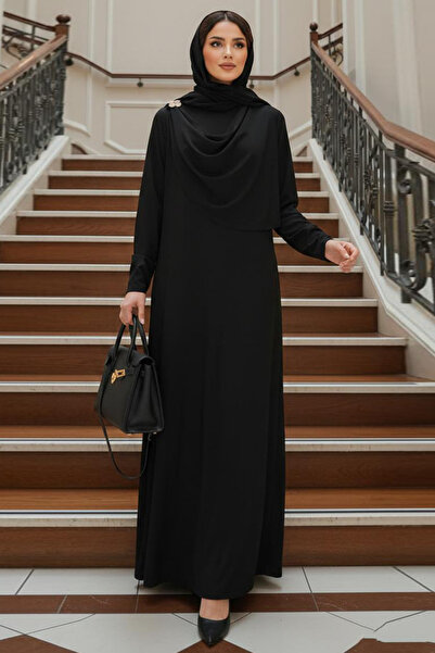 N.S NEVA STYLE Rochie neagră cu broșă detaliată, stil hijab 2455S
