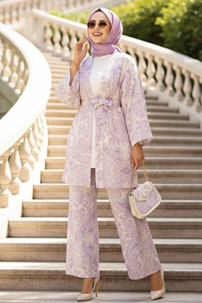 Neva Style Desenli Lila Tesettür İkili Kimono Takım 12122LILA