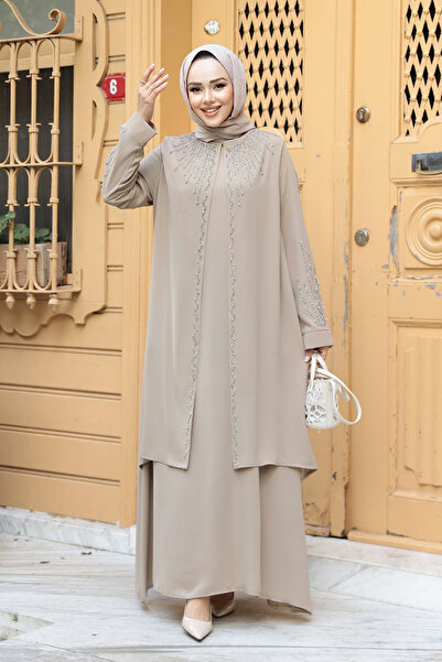N.S NEVA STYLE Abaya Hijab Bej Brodat cu margele 29131BEJ