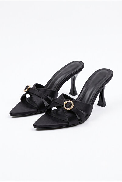 v.s.h velvet Tinky Women's Hooked Black Satin Heeled Slippers