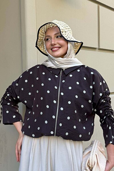 Modaensarbutik Puantiyeli Kısa Crop Bomber Ceket-KAHVERENGİ