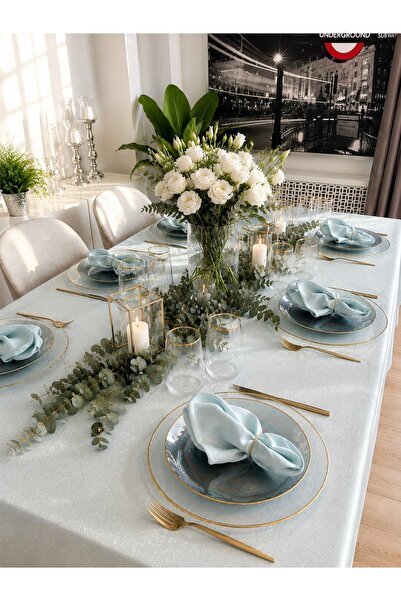 Decamor home Royal Keten Dokulu Simli Mint Yeşili Masa Örtüsü (PEÇETE DAHİL D...