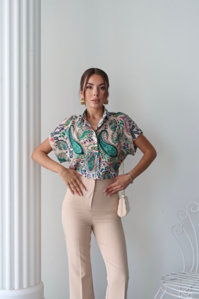 Short Sleeve Oversized Green Shawl Patterned Shirt
