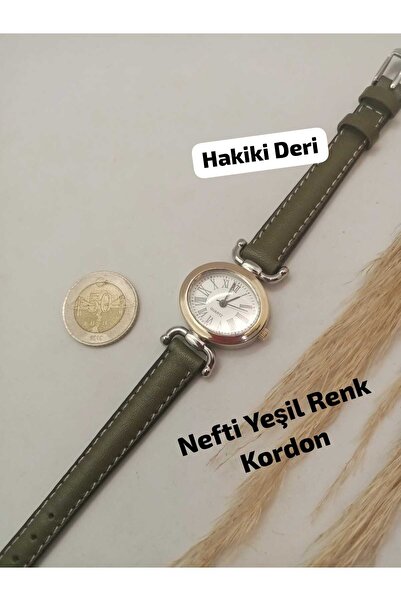 KOMBİNOLOJİ Vintage Oval Tasarım , (HAKİKİ DERİ) - NEFTİ YEŞİLİ Renk Kordon K...