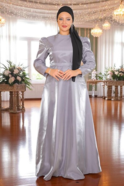 Missvalle Shoulder Gathered Plus Size Evening Dress Gray 19128